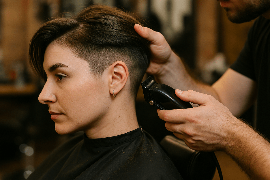 Female client receiving an undercut haircut at a barbershop.