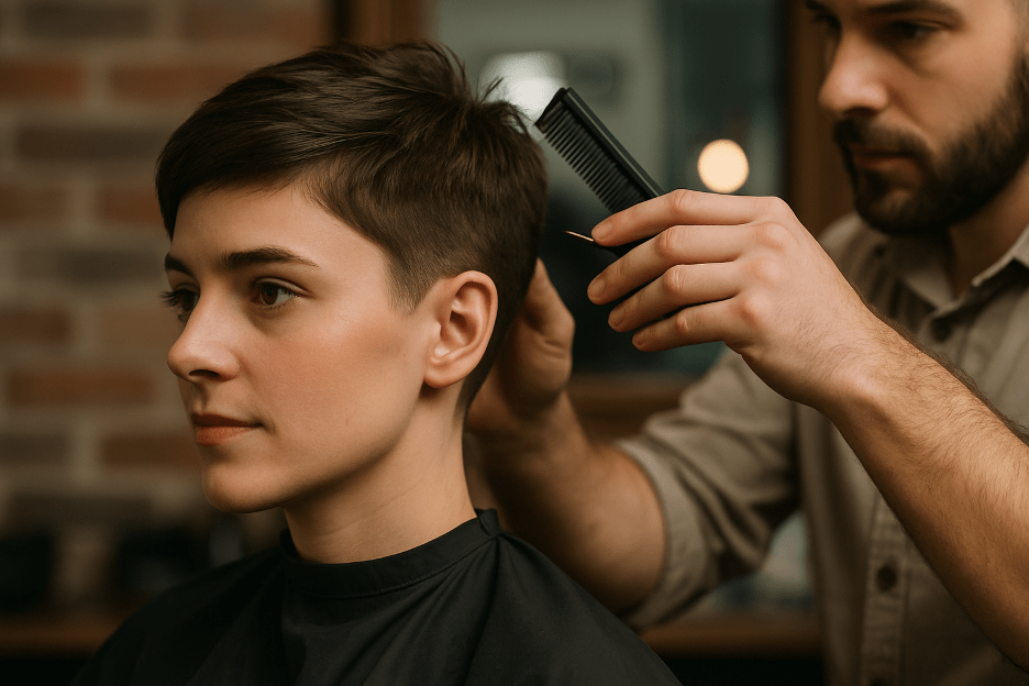 Woman with a fresh pixie cut styled by a barber.
